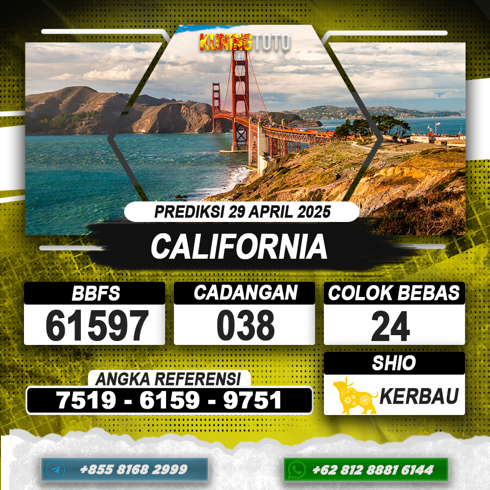 PREDIKSI CALIFORNIA 29 APRIL 2025 | PREDIKSI TOGEL KUNINGTOTO