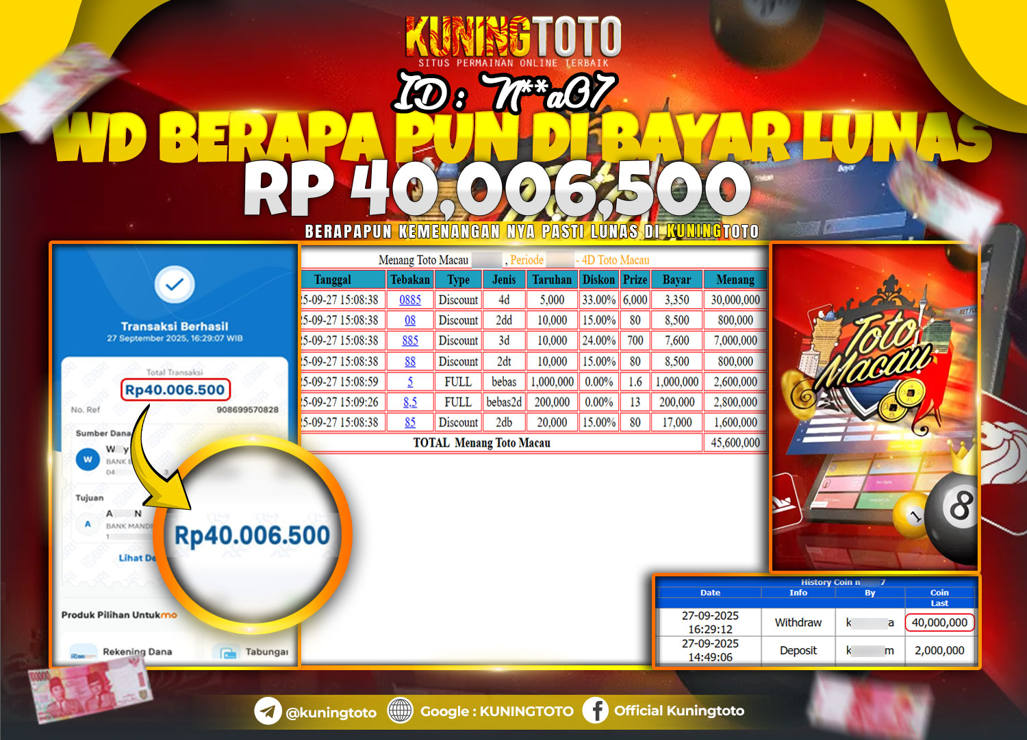 Bukti Kemenangan Togel KuningToto 27 September 2025 Pasaran Toto Macau 4D