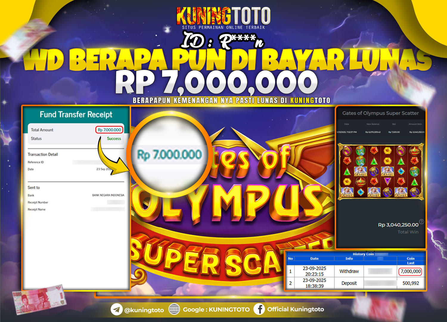 Bukti Kemenangan Slot KuningToto 23 September 2025 Slot Gates Of Olympus Super Scatter