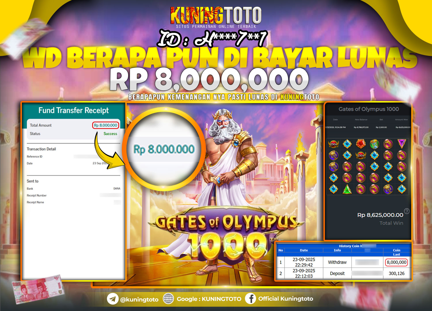 Bukti Kemenangan Slot KuningToto 23 September 2025 Slot Gates Of Olympus 1000