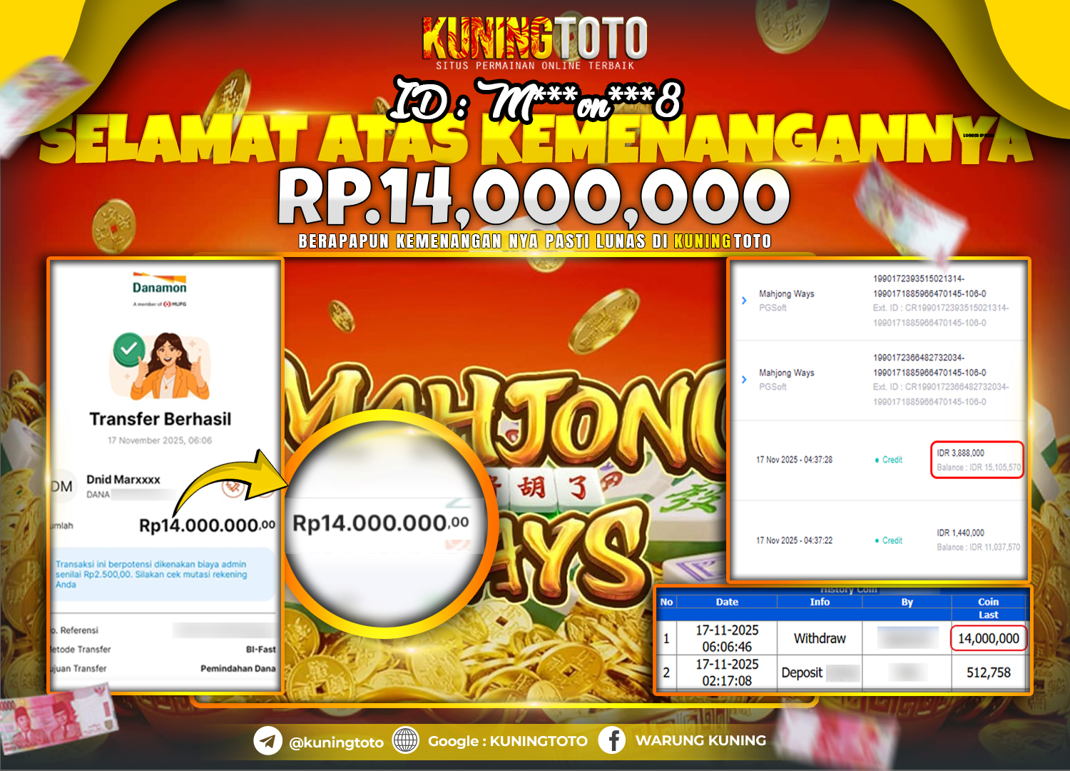 Bukti Kemenangan Slot KuningToto 17 November 2025 Slot Mahjong Ways