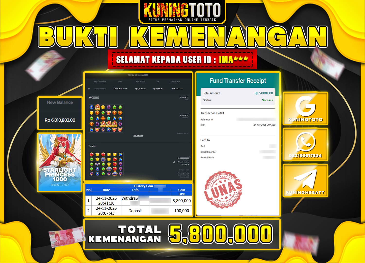 Bukti Kemenangan Slot KuningToto 24 November 2025 Slot Starlight Princess 1000