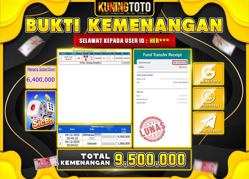 Bukti Kemenangan Slot KuningToto 04 Desember 2025 Sicbo Dice