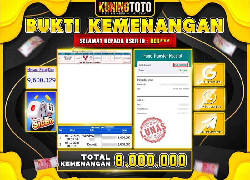 Bukti Kemenangan Slot KuningToto 04 Desember 2025 Sicbo Dice